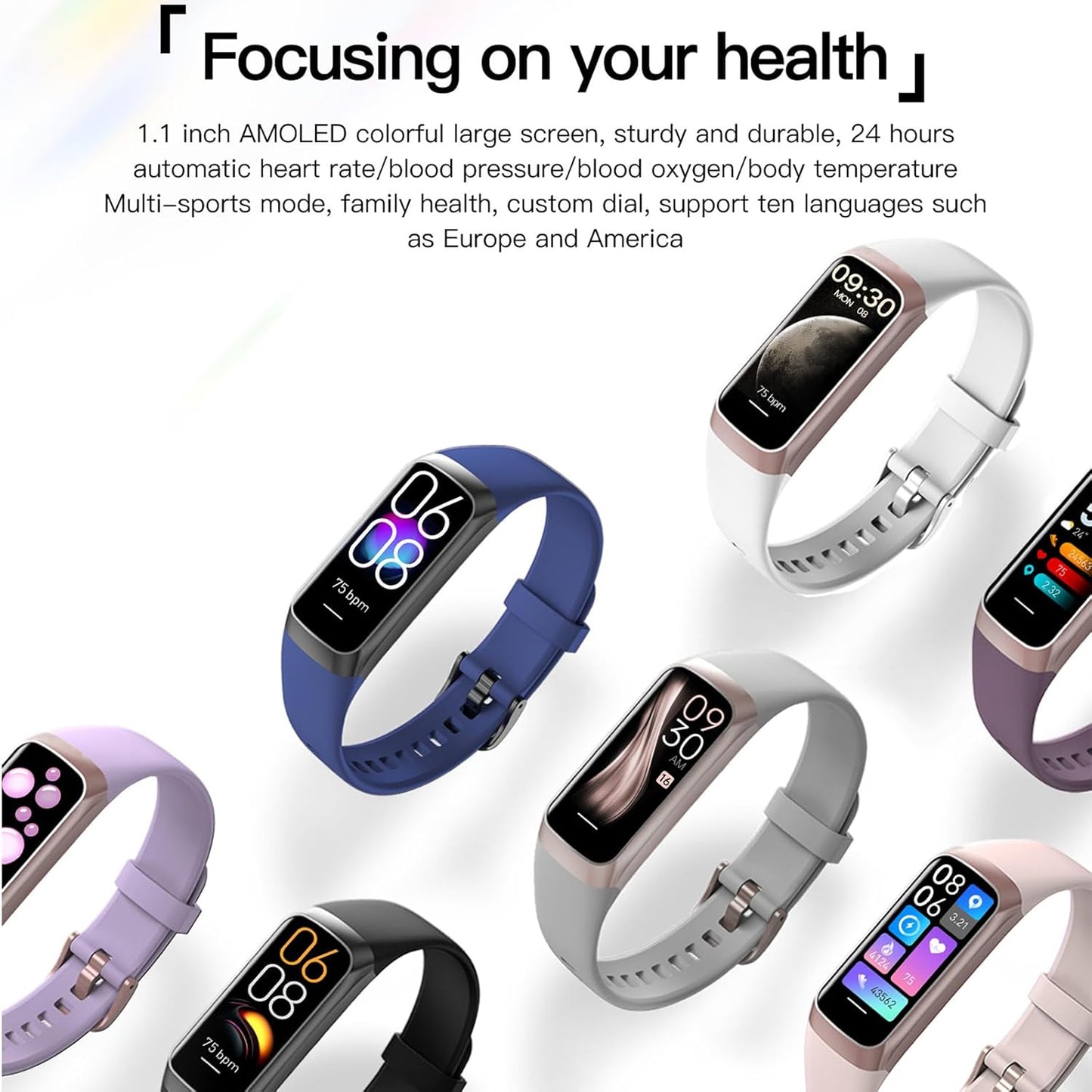 Health and Fitness Tracker for Men and Women, AMOLED Display, Compatible with Android and iOS, Features Alarm, Stopwatch, Blood Pressure Monitoring, Calorie Tracking, and IP68 Waterproof Rating