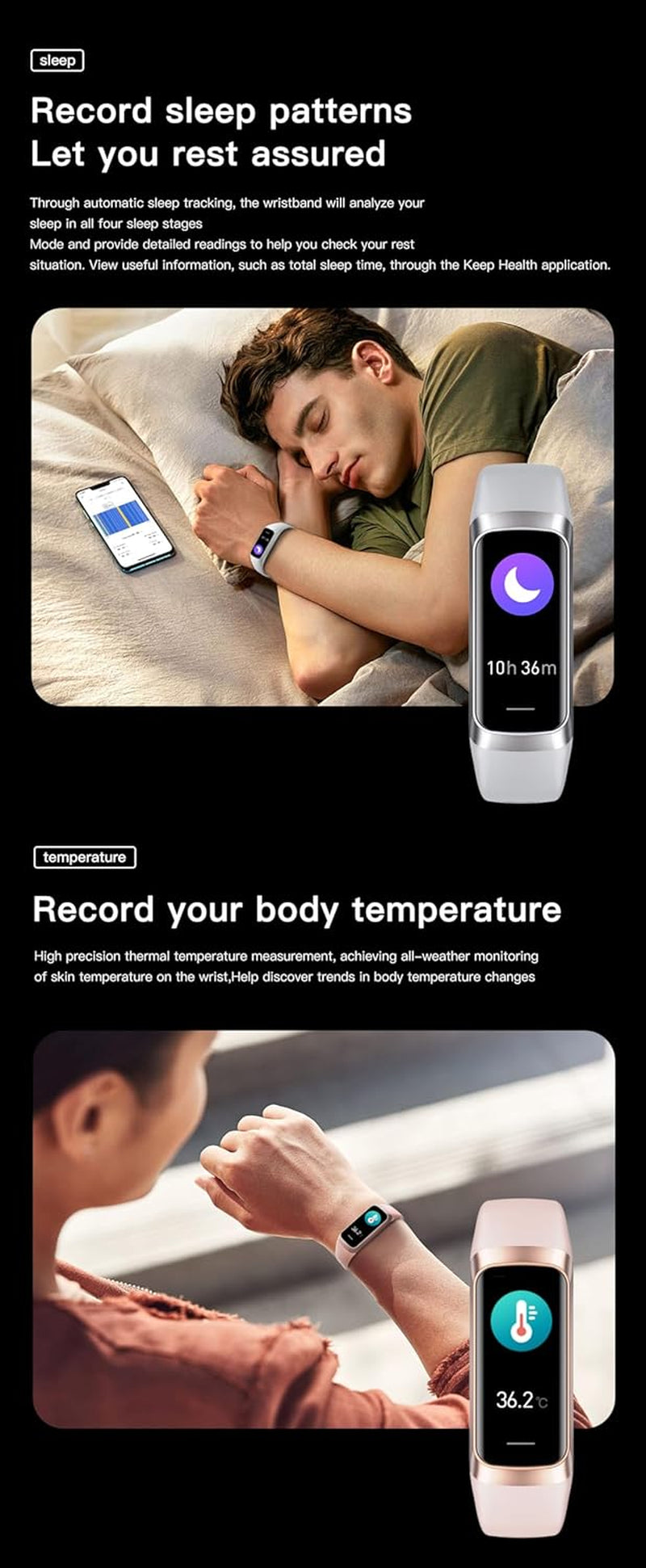 Health and Fitness Tracker for Men and Women, AMOLED Display, Compatible with Android and iOS, Features Alarm, Stopwatch, Blood Pressure Monitoring, Calorie Tracking, and IP68 Waterproof Rating