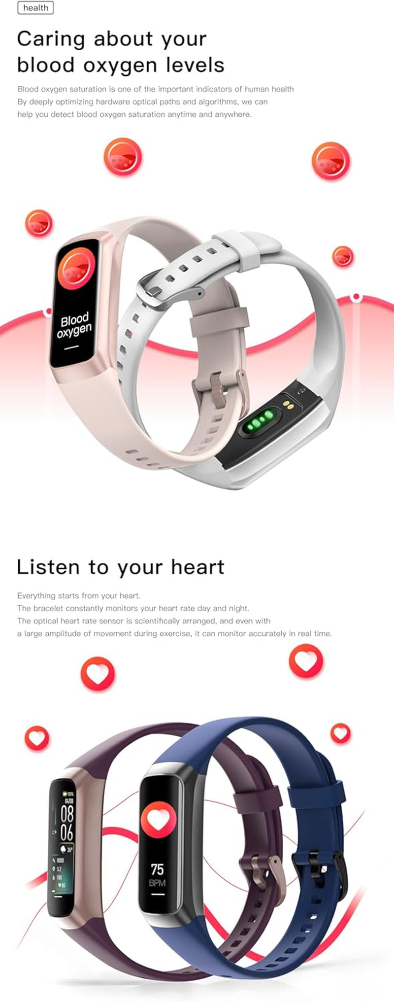 Health and Fitness Tracker for Men and Women, AMOLED Display, Compatible with Android and iOS, Features Alarm, Stopwatch, Blood Pressure Monitoring, Calorie Tracking, and IP68 Waterproof Rating