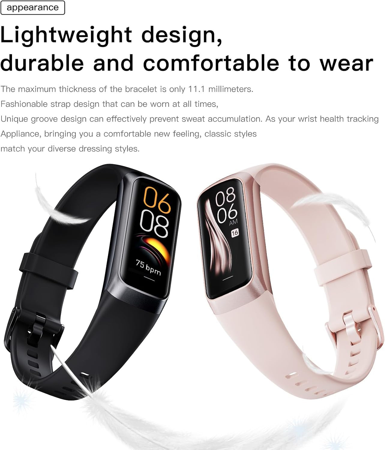 Health and Fitness Tracker for Men and Women, AMOLED Display, Compatible with Android and iOS, Features Alarm, Stopwatch, Blood Pressure Monitoring, Calorie Tracking, and IP68 Waterproof Rating