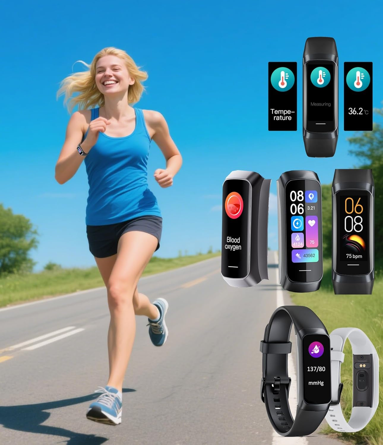 Health and Fitness Tracker for Men and Women, AMOLED Display, Compatible with Android and iOS, Features Alarm, Stopwatch, Blood Pressure Monitoring, Calorie Tracking, and IP68 Waterproof Rating